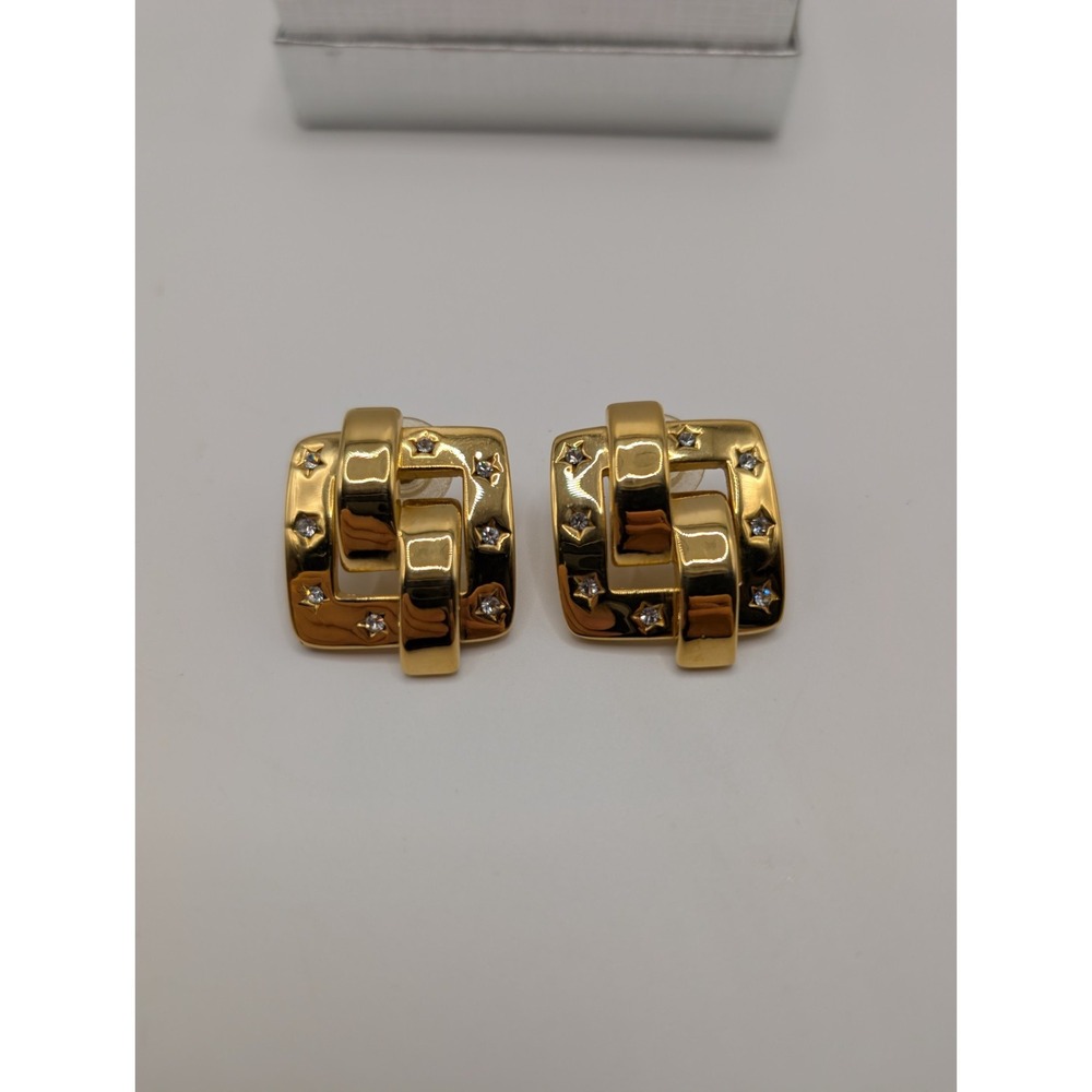 Vintage Joan Rivers Gold Tone Rhinestone Star Buckle Pierced Earrings Signed